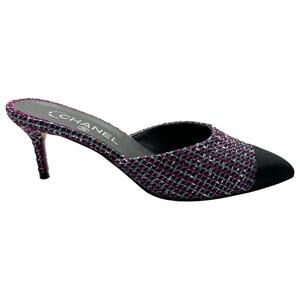 CHANEL Tweed Grosgrain CC Mules EU 38 US 7.5-8 Black Purple Pointed Toe Heels